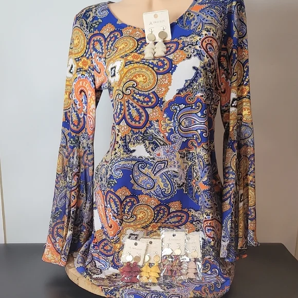 MSK Women's Paisley Mini Dress - Blue, Orange, Yellow - Picture 2 of 13